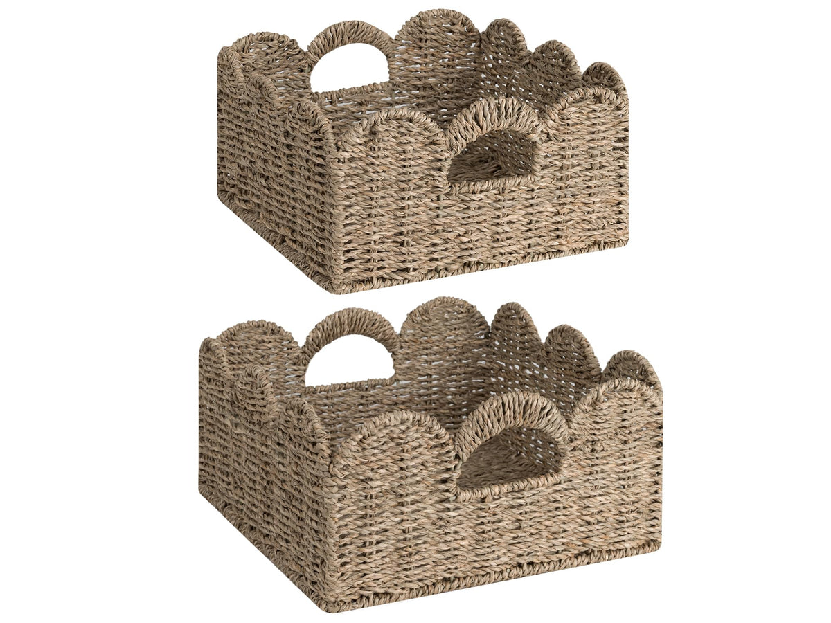 StorageWorks Scalloped Edge Wicker Basket, Hand-woven Rattan Baskets with Built-in Handles, Water Hyacinth Basket for Organizing and Decor, 2 Pack