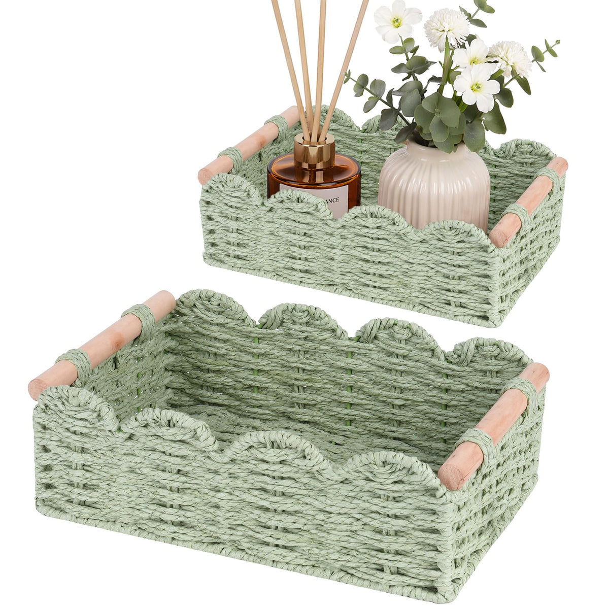iEGrow Paper Rope Small Storage Baskets for Organizing, Set of 2 Scalloped Edge Wicker Basket with Wooden Handles Toilet Paper Basket for Over Toilet Storage Shelf, Home Decor, Living Room (Neutral)