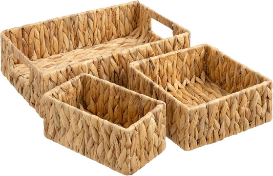 StorageWorks Pantry Baskets for Shelves 3 Pack, Rectangular Wicker Basket with Handles, Natural Water Hyacinth Woven Baskets for Living Room, Toilet, Shelf Storage Basket for Home Decor