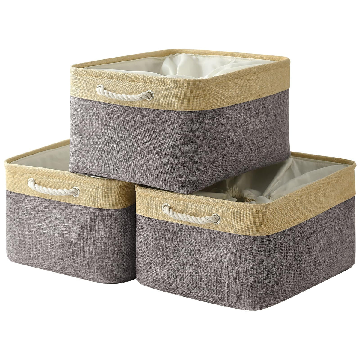 TheWarmHome Storage Basket for Organizing - 14x10x7 inch Medium 3 Pack Collapsible Storage Bin for Shelves with Handles, Canves Storage Box for Organizer Cubes Cloth Gift Toy Closet (White & Khaki)