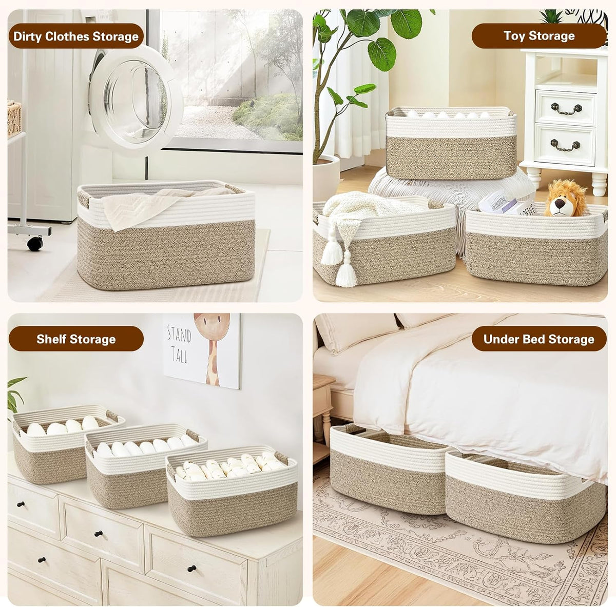2 Pack Large Storage Basket for Organizing, 17.5"x13"x7" Woven Basket for Shelves, Closet Cube Storage Bins with Wrapped Handle, Cotton Rope Baskets for Kitchen, Clothes, Toys(Off White & Brown)