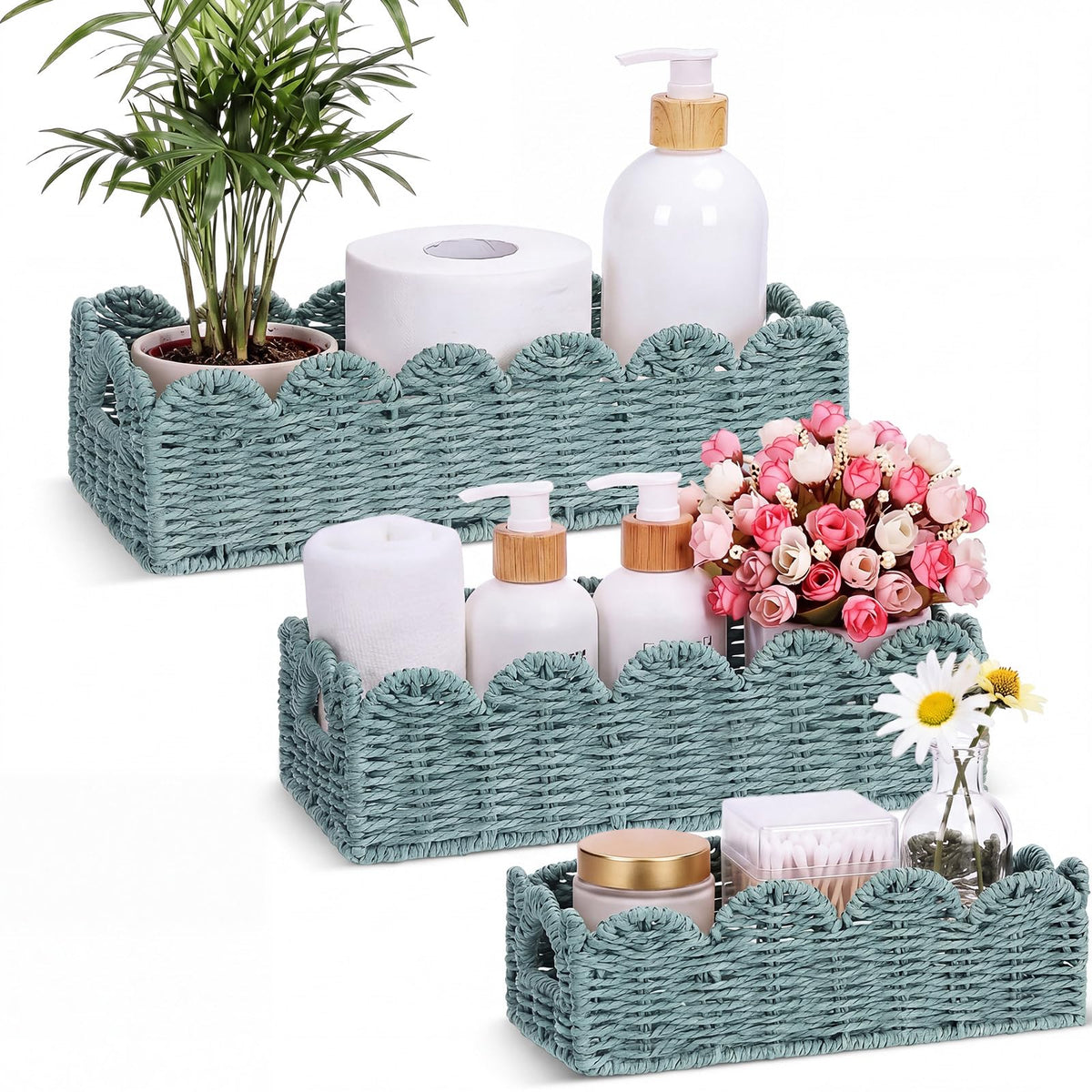 Boao 3 Pcs Boho Storage Wicker Baskets Handmade Woven Decorative Paper Rope Baskets for Organizing with Handle Countertop Toilet Paper Storage Container for Toilet Tank Top
