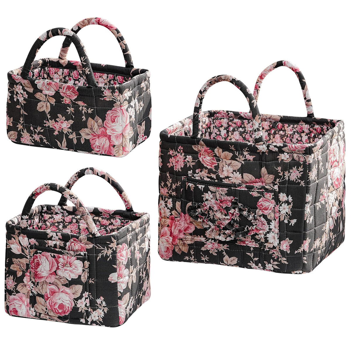 vctops 3 Packs Boho Quilted Storage Basket for Organizing, Floral Basket Organizer Gift Baskets with Handles, Storage Bins for Toys, Books, Towels, and Clothes, Collapsible Fabric(Pattern C)