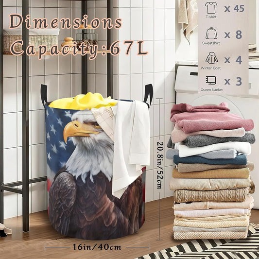 Retro Eagle Flag Laundry Basket,Foldable Oxford Cloth Laundry Hamper with Handles Waterproof Dirty Clothes Storage Basket for Bathroom Bedroom Dorm Room 16" x 20.8"