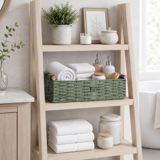 Round Paper Rope Storage Basket Wicker Baskets for Organizing with Handle Decorative Storage Bins for Countertop Toilet Paper Basket for Toilet Tank Top Small Baskets Set,Green