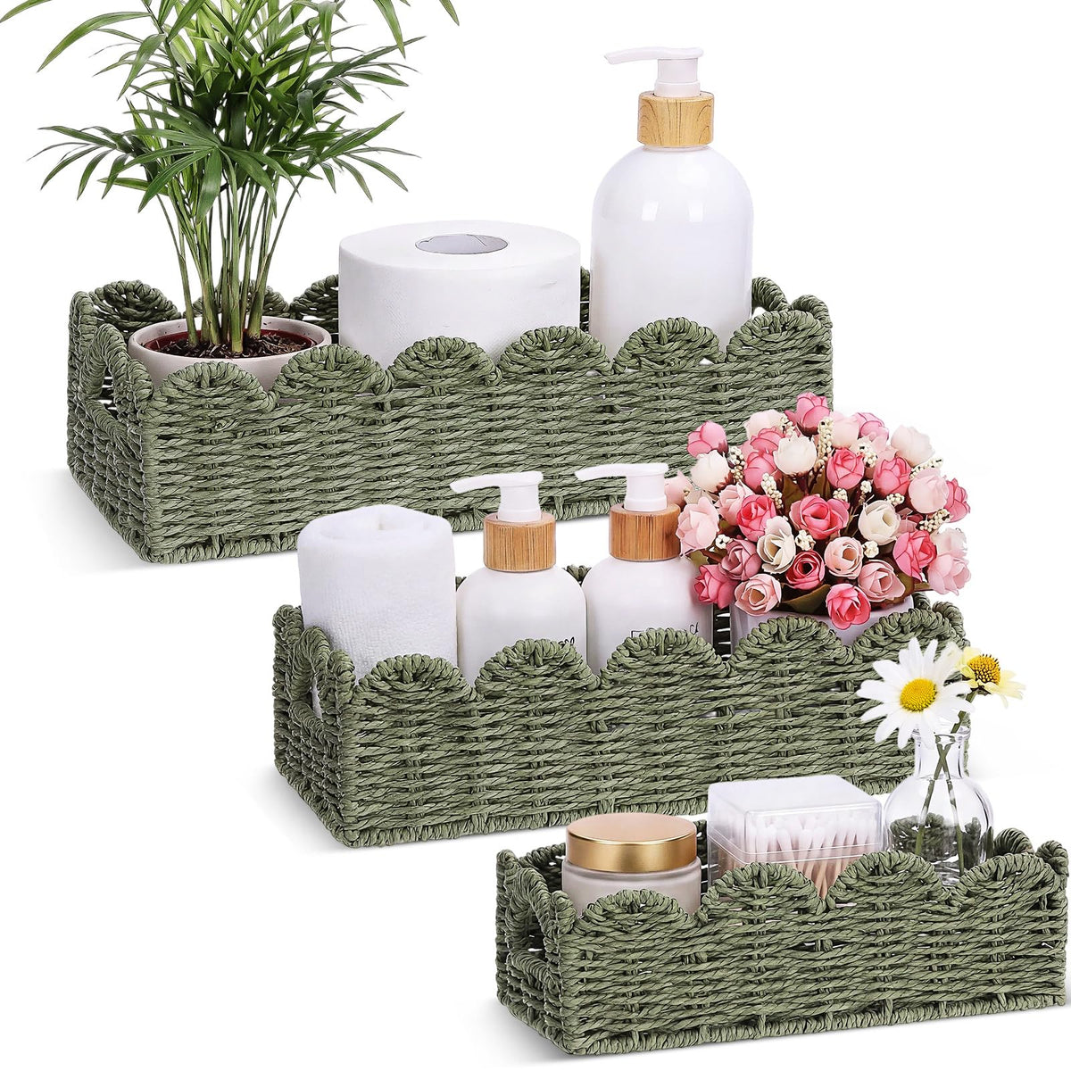 Boao 3 Pcs Boho Storage Wicker Baskets Handmade Woven Decorative Paper Rope Baskets for Organizing with Handle Countertop Toilet Paper Storage Container for Toilet Tank Top