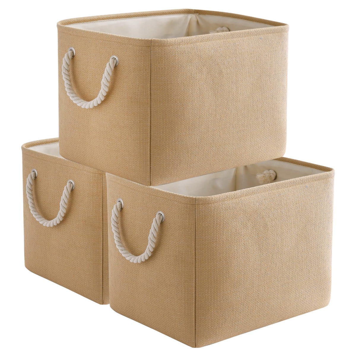 TheWarmHome Storage Basket for Organizing - 14x10x7 inch Medium 3 Pack Collapsible Storage Bin for Shelves with Handles, Canves Storage Box for Organizer Cubes Cloth Gift Toy Closet (White & Khaki)