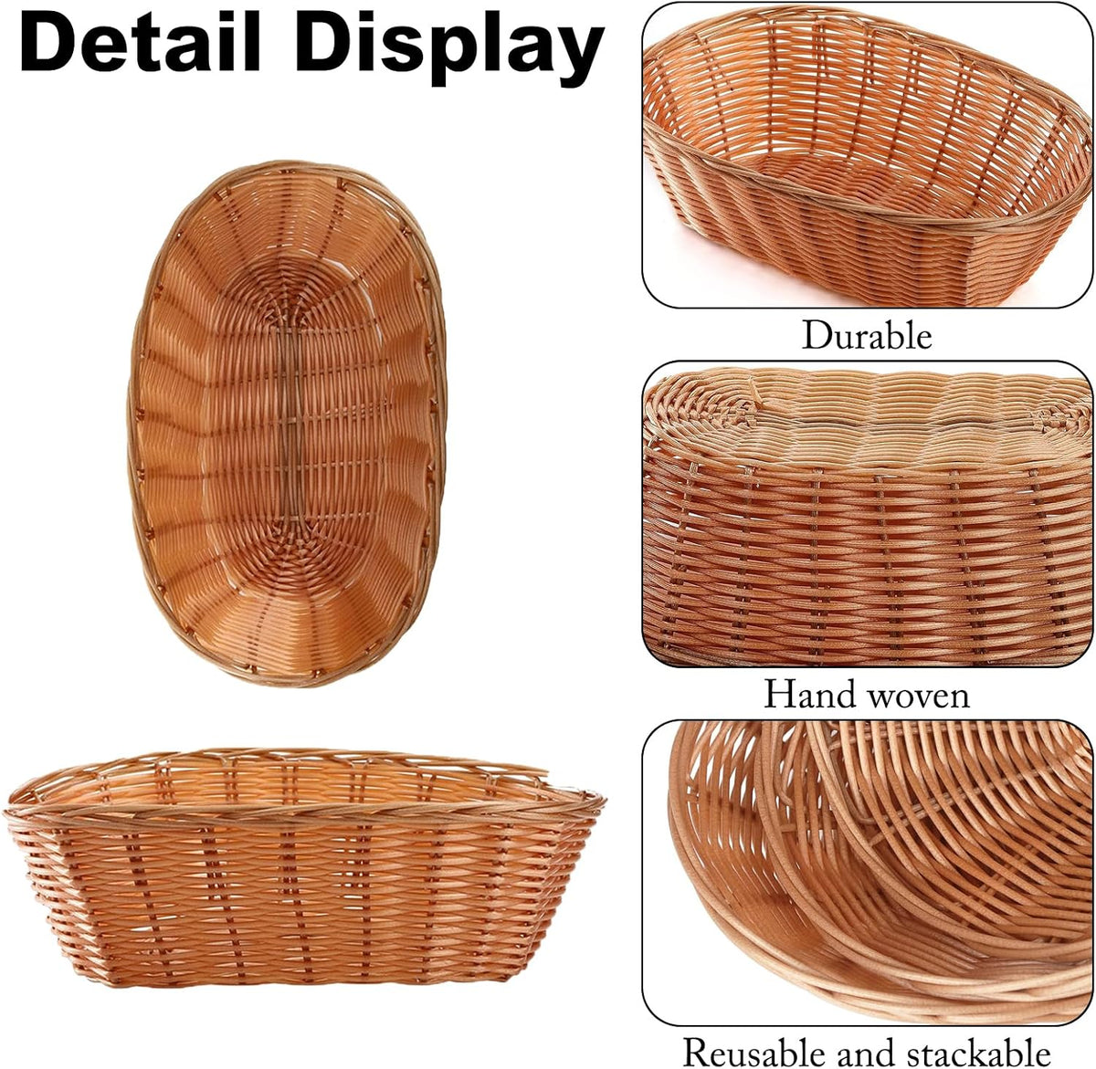 20 Pack Oval Poly Wicker Baskets — 9.1 x 6 x 2.6 Inch Wicker Bread Baskets, Small Size Gift Baskets for Kitchen, Restaurant, Fruit Storage, and Food Display
