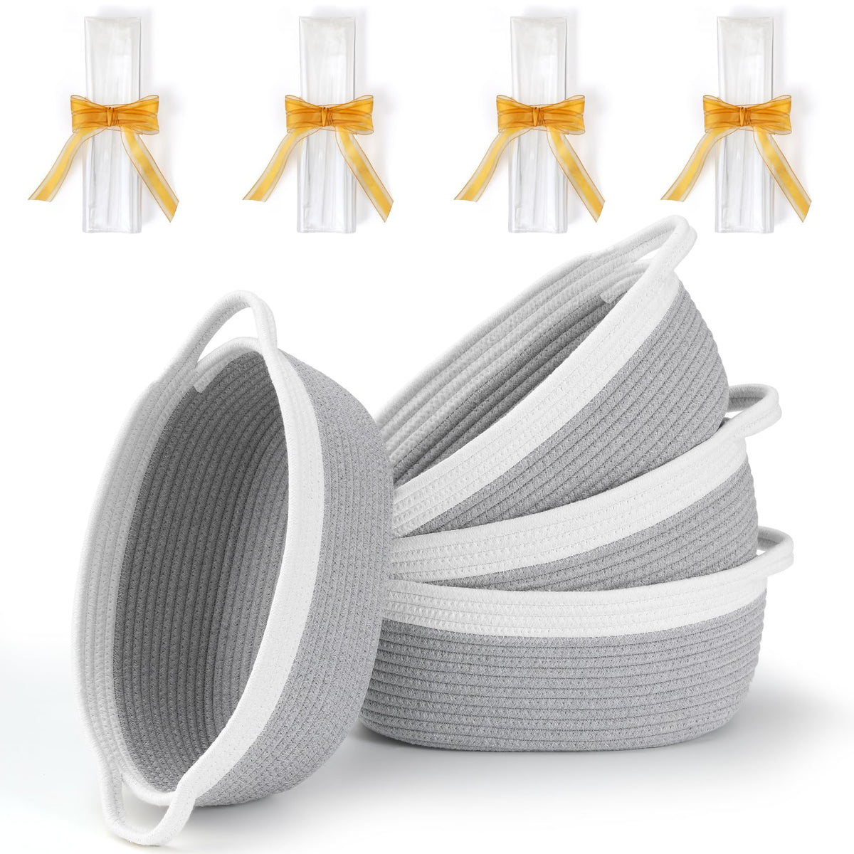 4 Pack Small Woven Basket with Handles, All 12"x 8"x 5", Cotton Rope Room Shelf Storage Basket, Cat Toys, Cute Baby Gift Basket with Gift Bags and Ribbons for Nursery, Empty Decorative Gift Chest Box