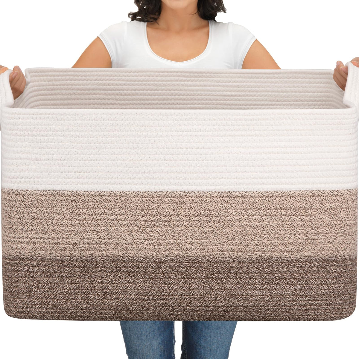OIAHOMY Extra Large Blanket Basket, 110L Cotton Rope Woven Laundry Basket, Toy Bin for Baby Room, Container for Blanket Storage in Living Room, 24.8''×17.3''×15.8'', Gradient Grey