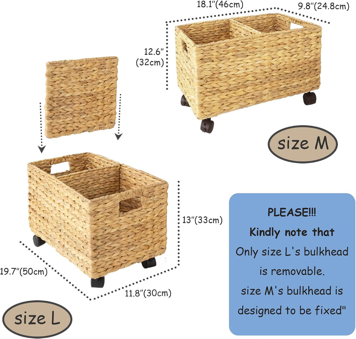 PEMAR Rolling Wicker Storage Basket Set of 2 Natural Water Hyacinth & Seagrass Bins on Wheels with Removable Divider & Insert Handles Nesting Design for under Desk, Home & Office Organization