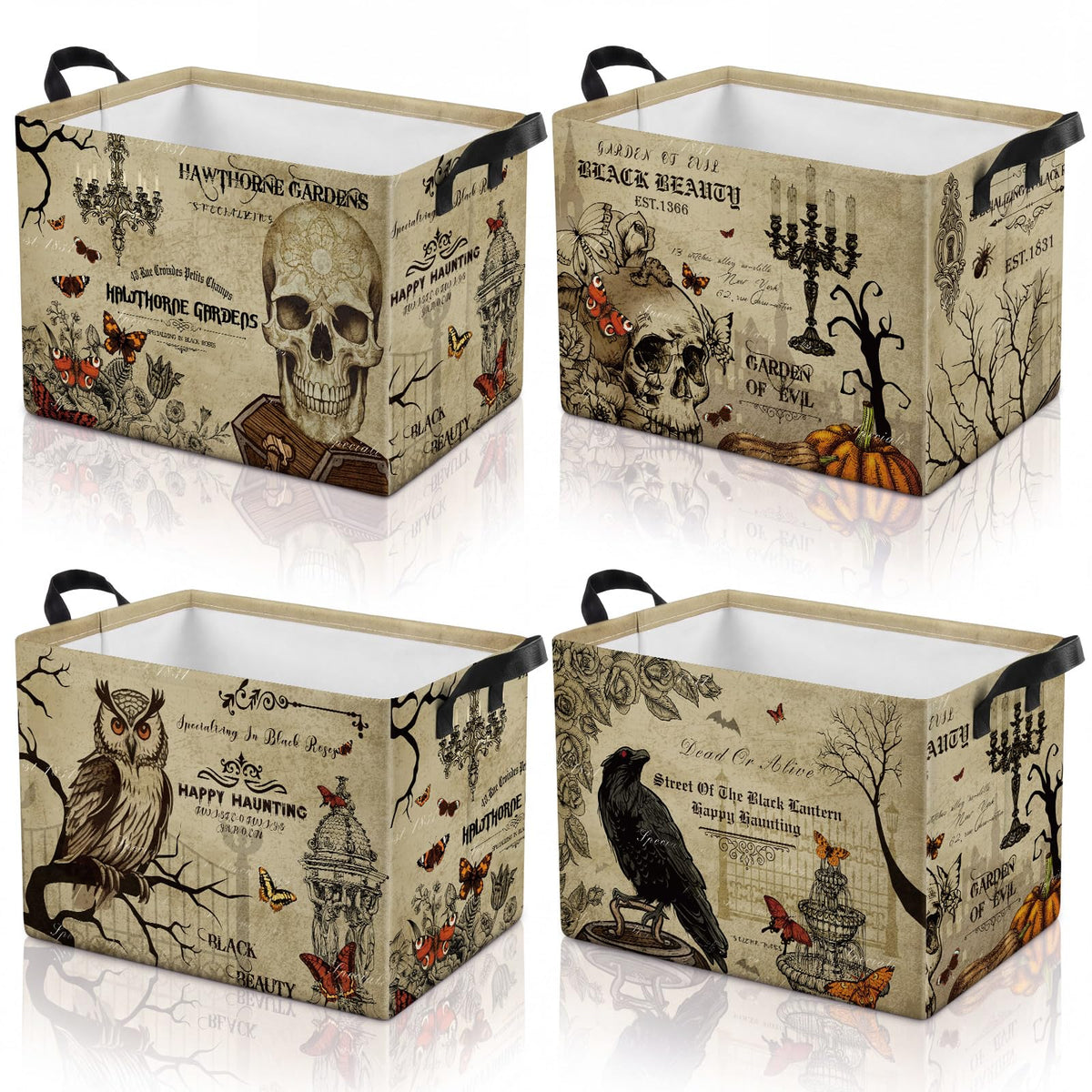 4 Pcs Halloween Storage Basket for Gifts Large Spooky Skeleton Storage Bins with Handles 15 x 10 x 8 Fabric Laundry Baskets Halloween Skull Collapsible Organizer Boxes for Home Cloth Toys Book