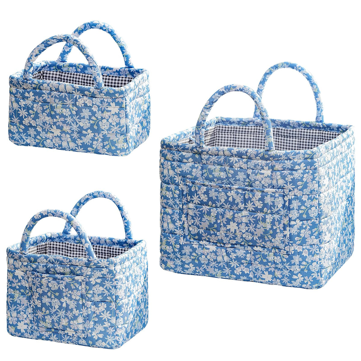 vctops 3 Packs Boho Quilted Storage Basket for Organizing, Floral Basket Organizer Gift Baskets with Handles, Storage Bins for Toys, Books, Towels, and Clothes, Collapsible Fabric(Pattern C)