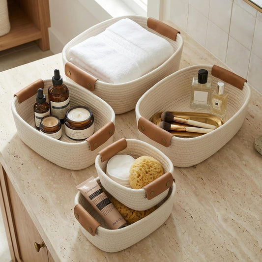 Beautiful Storage Basket Set of 5 - Sturdy Cotton Rope Baskets for Shelves