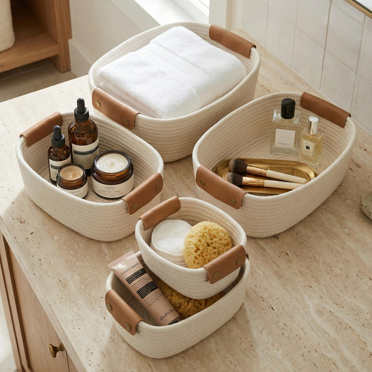 Beautiful Storage Basket Set of 5 - Sturdy Cotton Rope Baskets for Shelves
