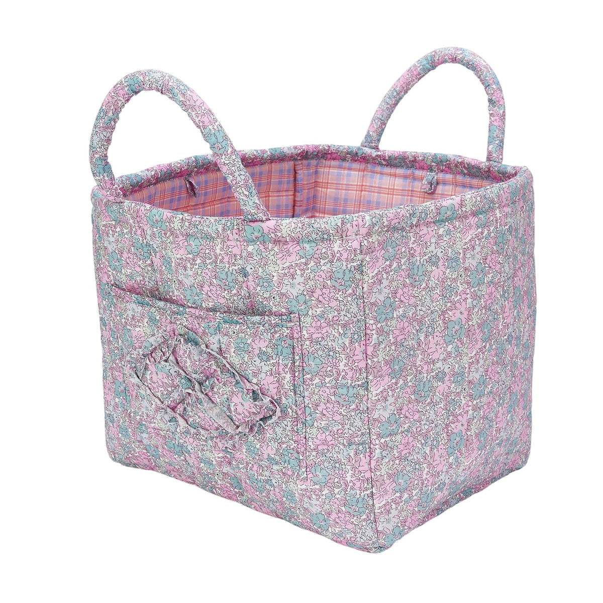 Boho Fabric Storage Basket Quilted Floral Print Baskets Organizer Bin with Handles for Home, Picnic, Shopping (Pink, L)
