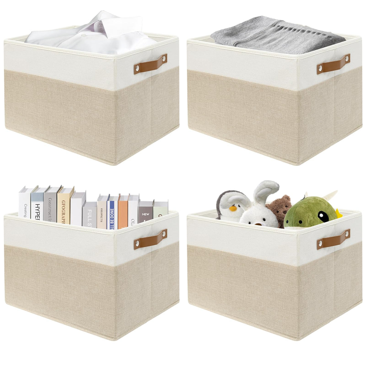 SNWDN 6 Pack Collapsible Fabric Storage Baskets with Handles (White/Beige 11x11x11 Inches)