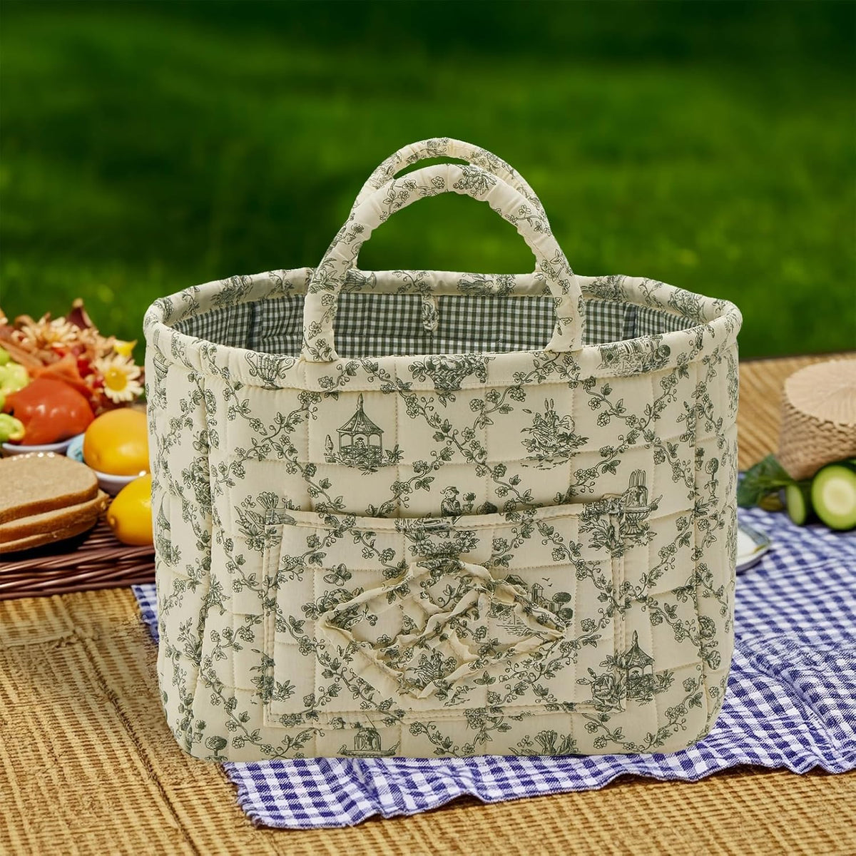 Quilted Fabric Storage Basket with Handles & Pocket, Foldable Laundry Hamper Boho Floral Print Organizer Bin for Home, Picnic, Office 12"x10"x10" (B-2)