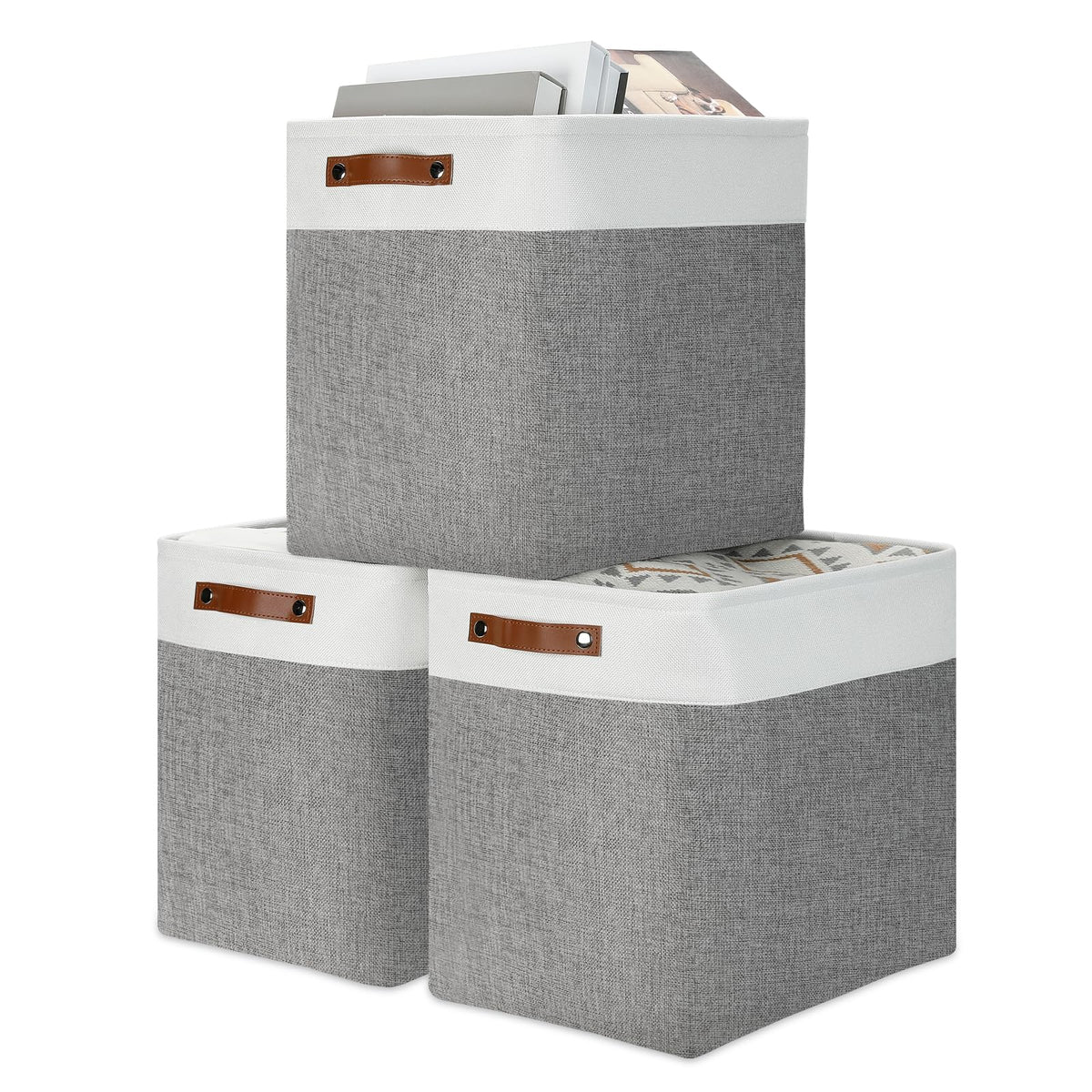 DULLEMELO Small Storage Bins, Storage Baskets for Organizing, Collapsible Rectangular Fabric Baskets for Shelves, Closets, Nursery, Home, Office, Empty Gift Baskets (6-Pack, White&Khaki)
