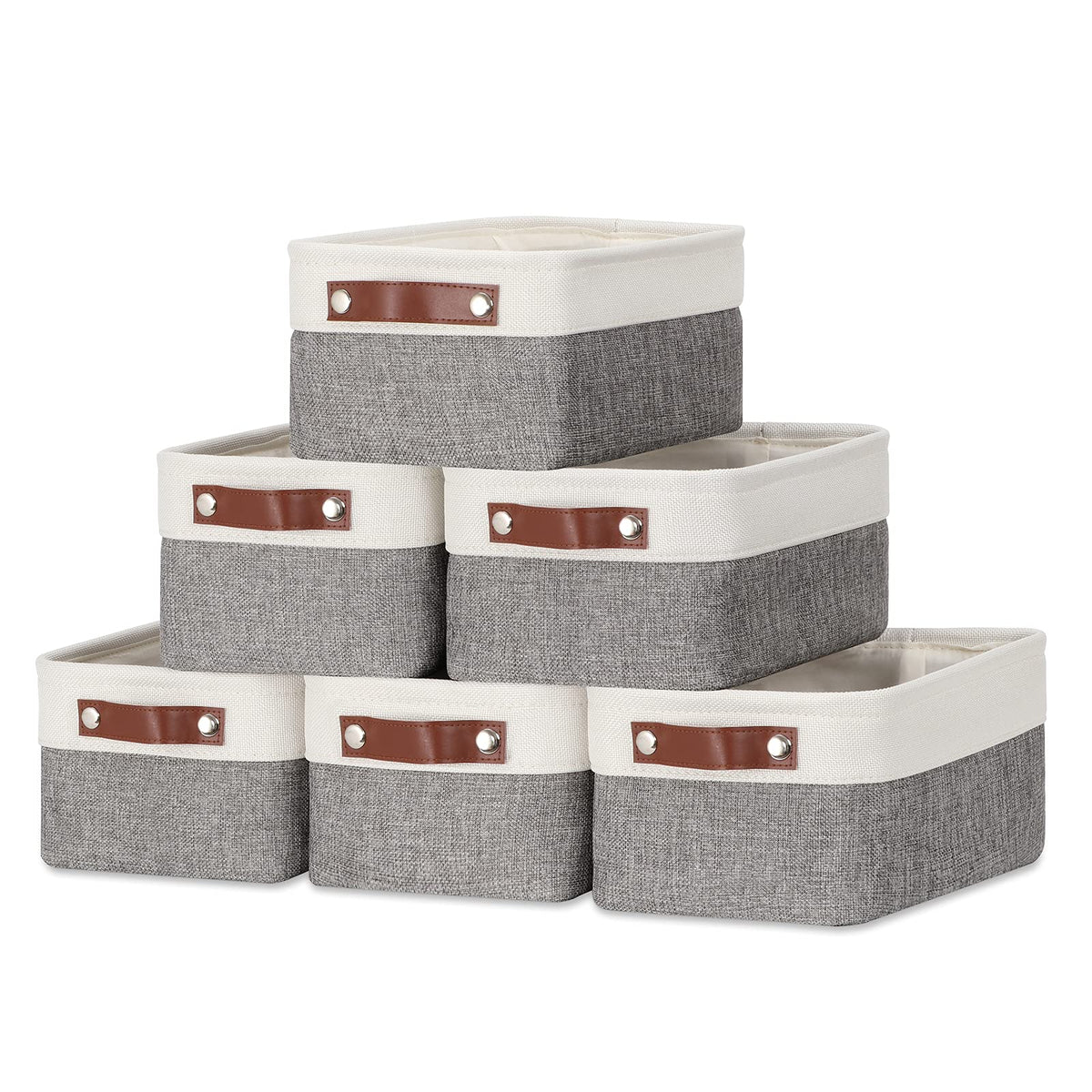 DULLEMELO Small Storage Bins, Storage Baskets for Organizing, Collapsible Rectangular Fabric Baskets for Shelves, Closets, Nursery, Home, Office, Empty Gift Baskets (6-Pack, White&Khaki)