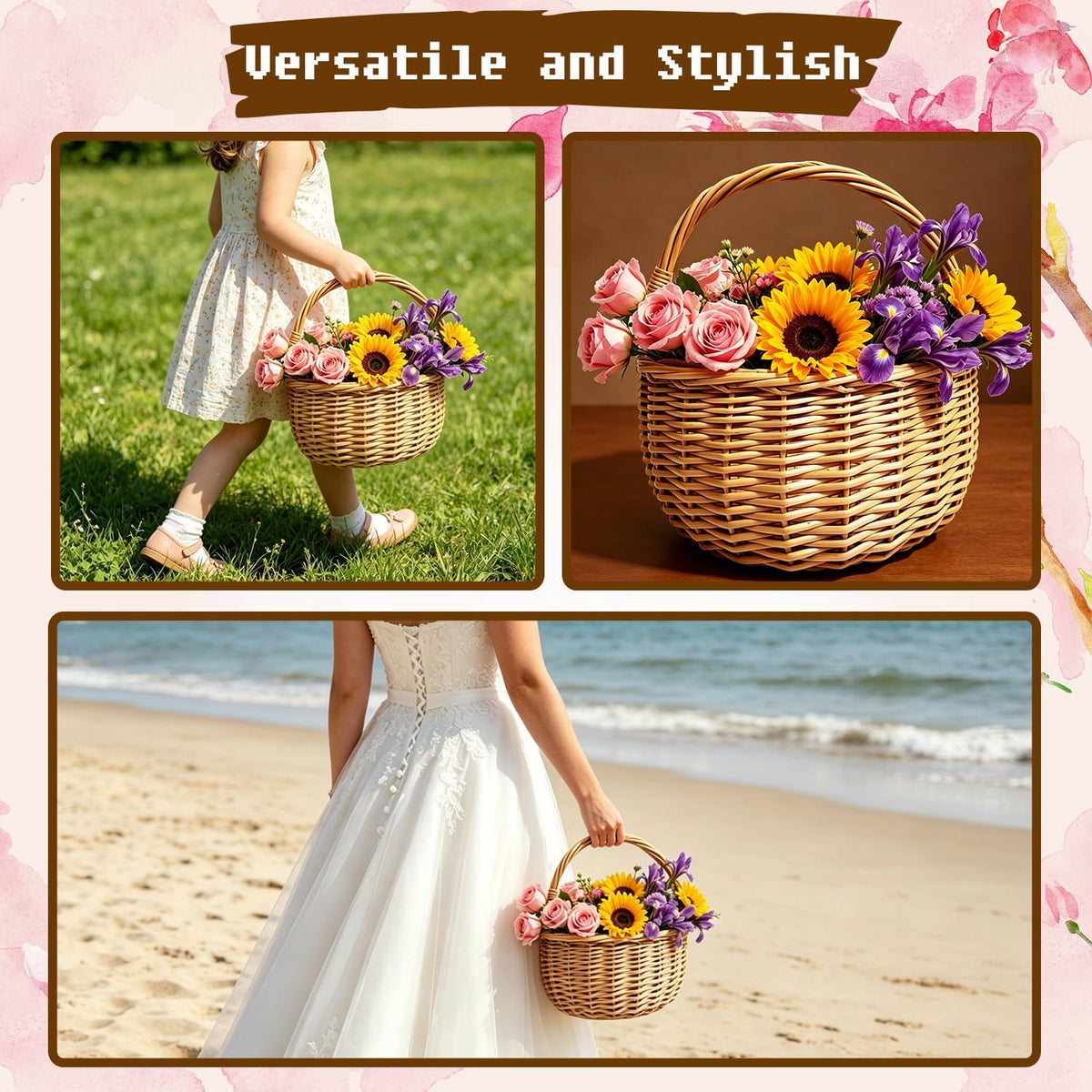 10 x 10in Wicker Basket Rustic Wicker Picnic Basket with Handle Cute Flower Girl Baskets Rattan Easter Baskets Wicker Storage Basket Decorative Basket for Wedding Garden and Home Decor