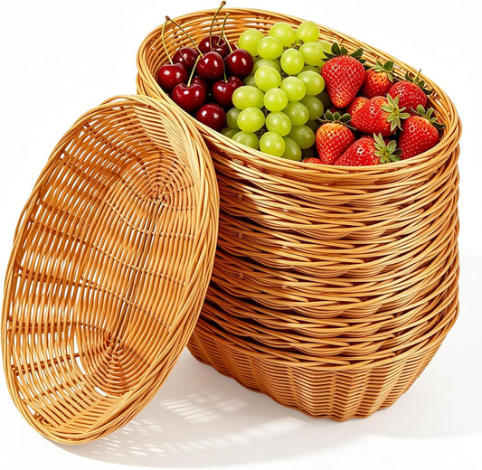 Nexboraque 12 Pack Plastic Oval Basket, Empty Bread Basket 10 x 6.25 x 3 Inch Food Storage Basket Bulk, Plastic Wicker Baskets Bin for Kitchen Serving, Centerpiece Display, Gifts, Brown