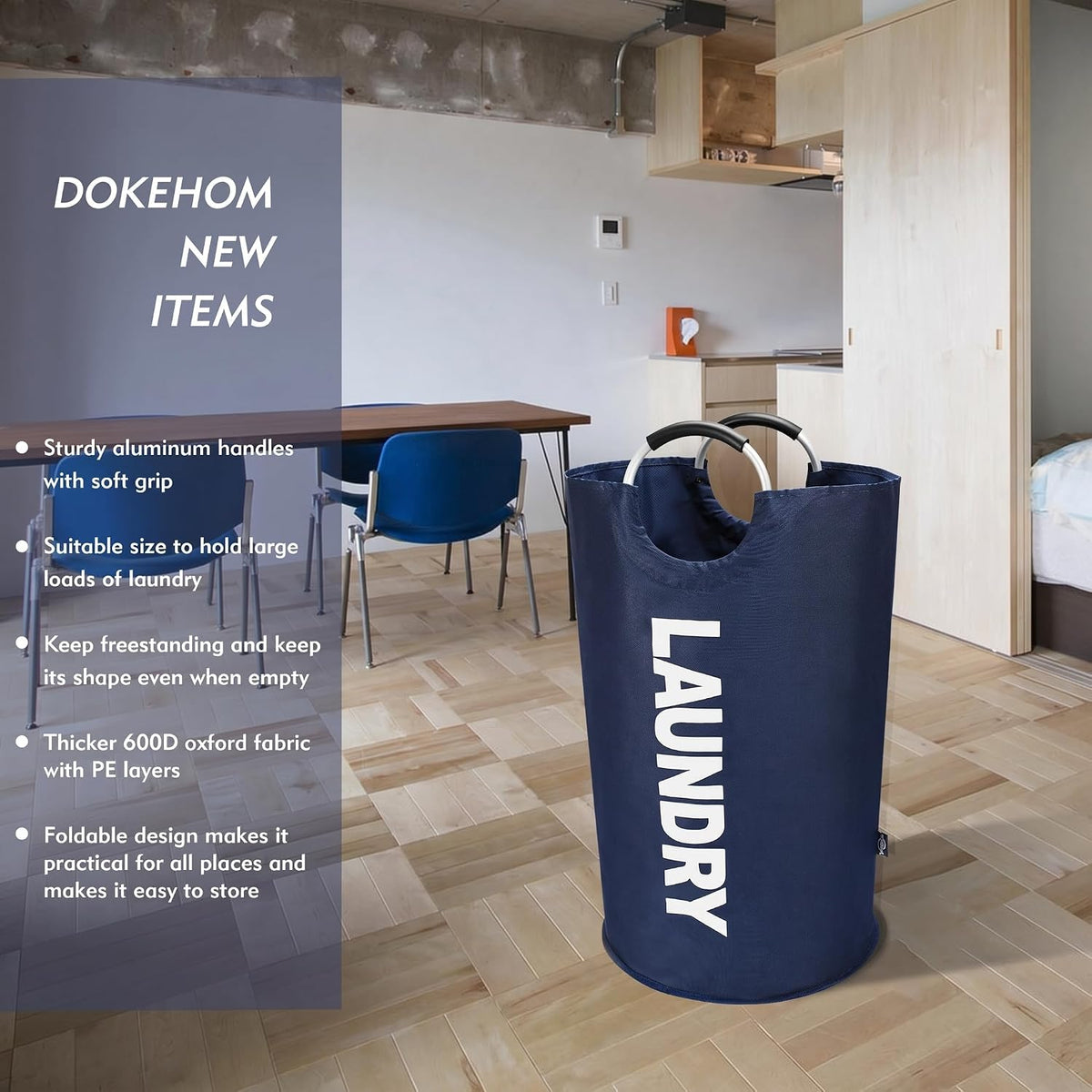 DOKEHOM 125L X-Large Laundry Basket Bag, Collapsible Tall Hamper, Dark Blue