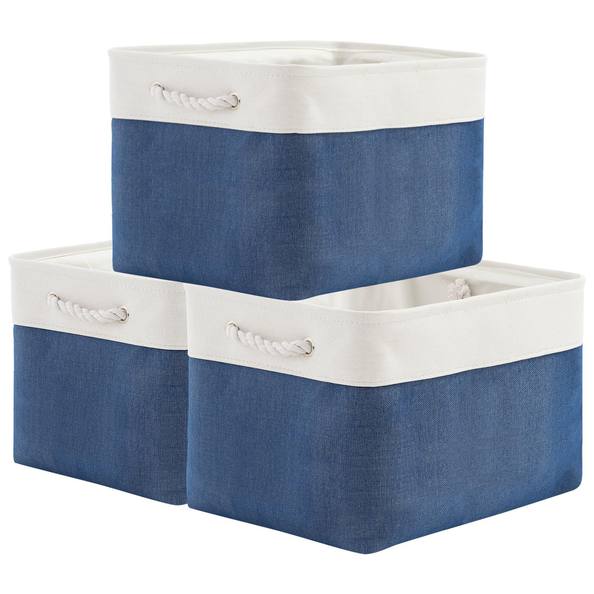 TheWarmHome Storage Basket for Organizing - 14x10x7 inch Medium 3 Pack Collapsible Storage Bin for Shelves with Handles, Canves Storage Box for Organizer Cubes Cloth Gift Toy Closet (White & Khaki)