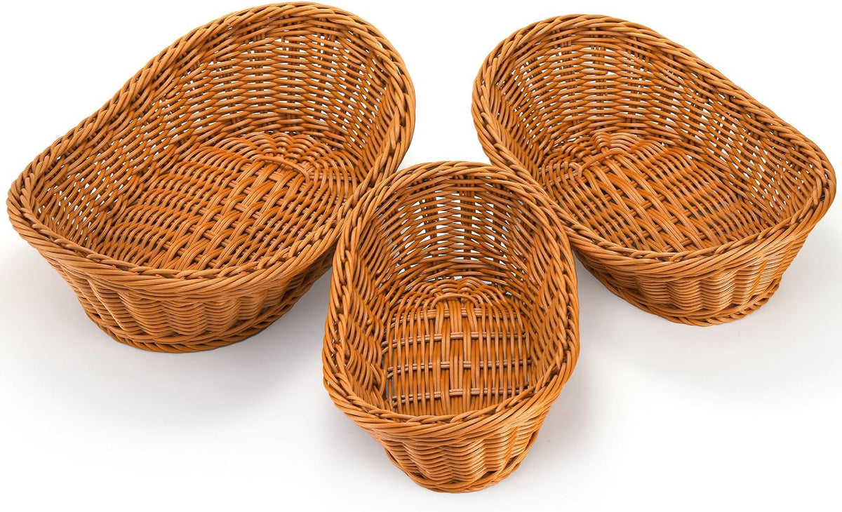 Yarlung 3 Pack Small Woven Breads Baskets, Oval Fruit Baskets Stackable Plastic Wicker Basket for Serving Vegetables, Kitchen, Restaurant, Outdoor, Imitation Rattan Brown, 3 Sizes