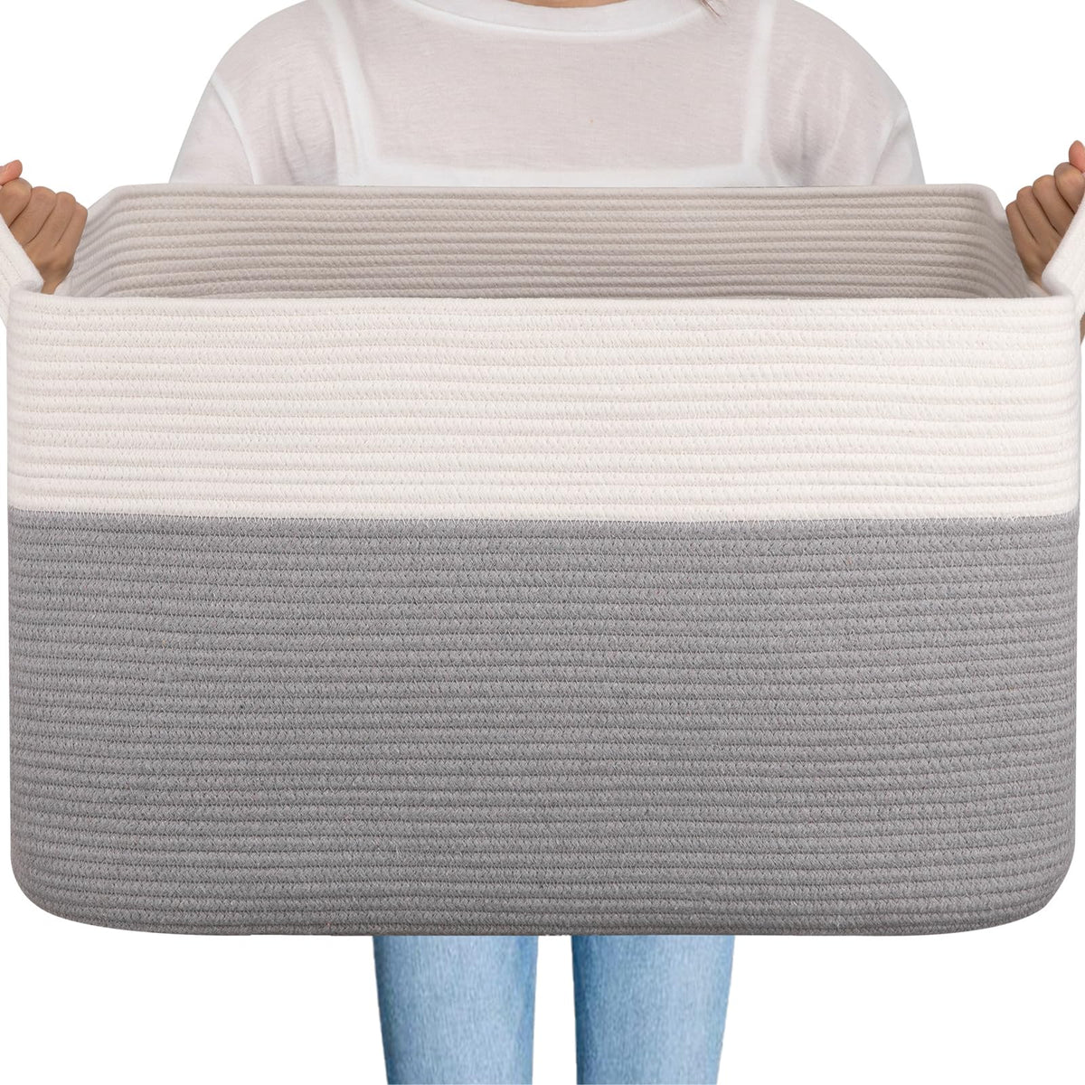OIAHOMY Extra Large Blanket Basket, 110L Cotton Rope Woven Laundry Basket, Toy Bin for Baby Room, Container for Blanket Storage in Living Room, 24.8''×17.3''×15.8'', Gradient Grey