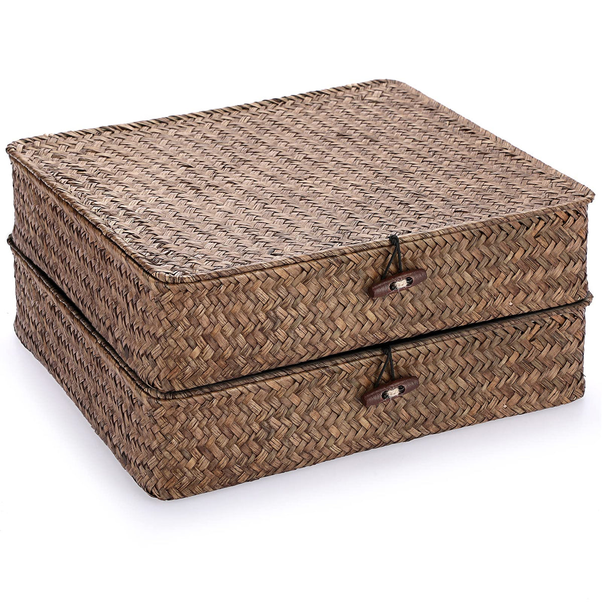 Hipiwe Set of 2 Flat Wicker Storage Basket Bins with Lid Woven Seagrass Box