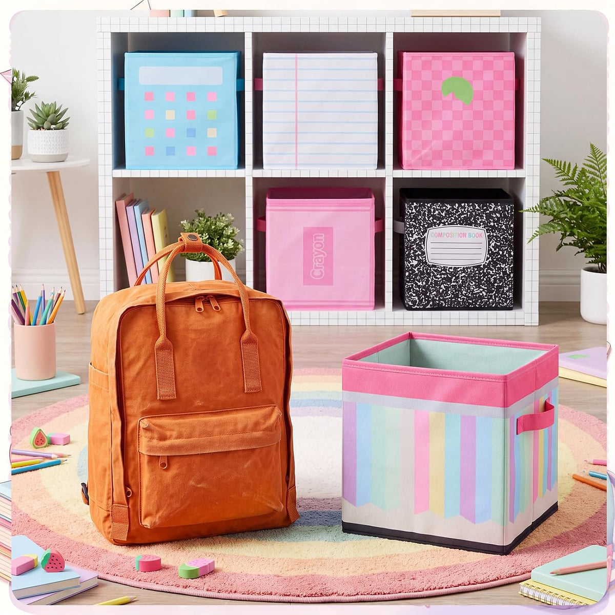 Kathfly 6 Pcs 11" Fabric Classroom Storage Bins Cubby Baskets, Pastel