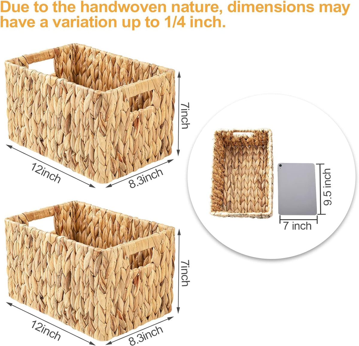 Water Hyacinth Wicker Baskets, Rectangular 12" Basket 2 Pack