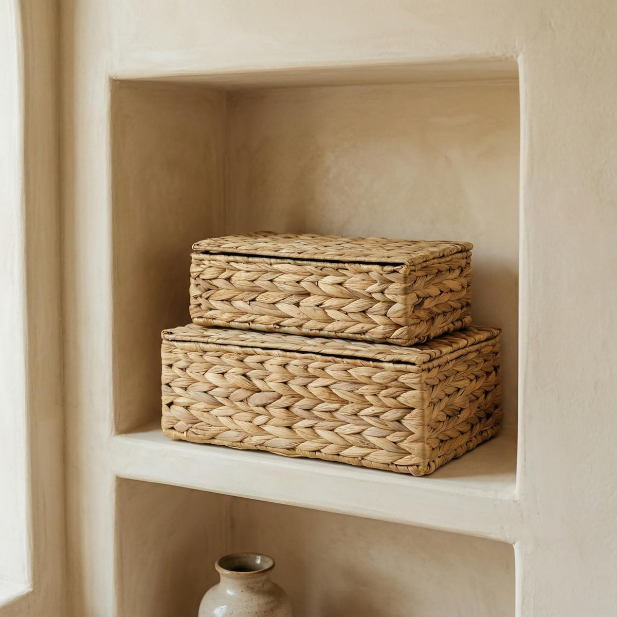 Decorative Storage Boxes with Lids - Set of 2 Wicker Organizer Shelf Bins