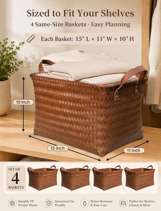Wicker Storage Baskets, 4 Pack Woven Baskets for Shelves, Brown