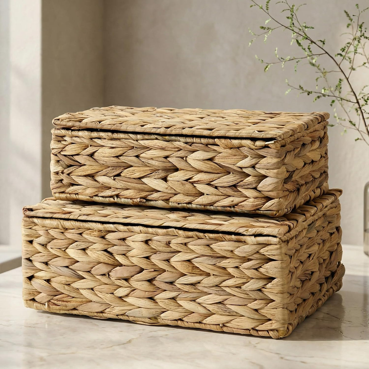 Decorative Storage Boxes with Lids - Set of 2 Wicker Organizer Shelf Bins