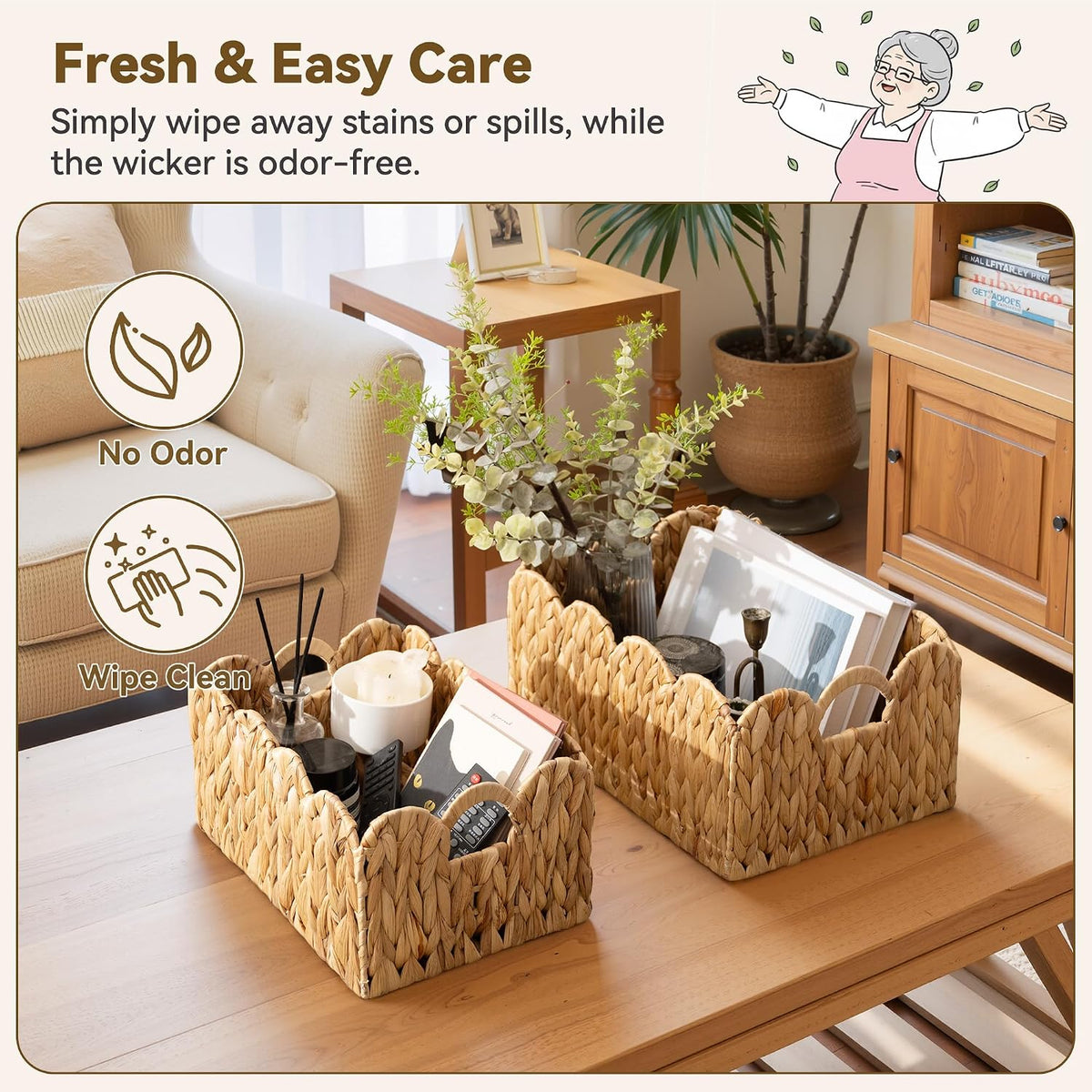 GRANNY SAYS Wicker Storage Basket for Shelves, Scalloped Baskets for Pantry