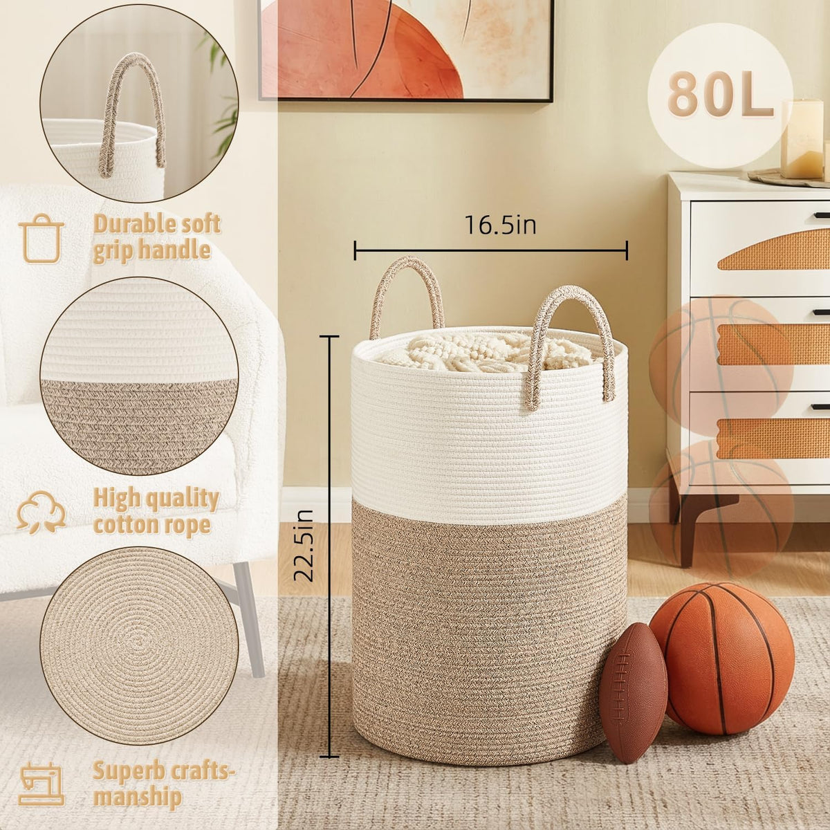 Artfeel Laundry Basket,Woven Cotton Rope Laundry Hamper,80L for Decorative Storage of Dirty Clothes,Toys and Blankets in Bathroom,Baby Room and Living Room
