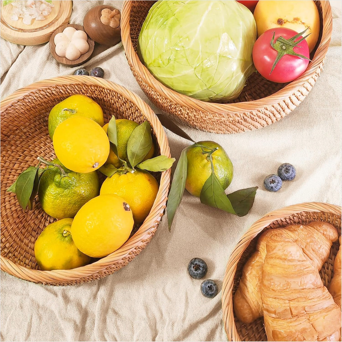 Handwoven Rattan Fruit Basket Set, Round Wicker Bread Baskets for Serving