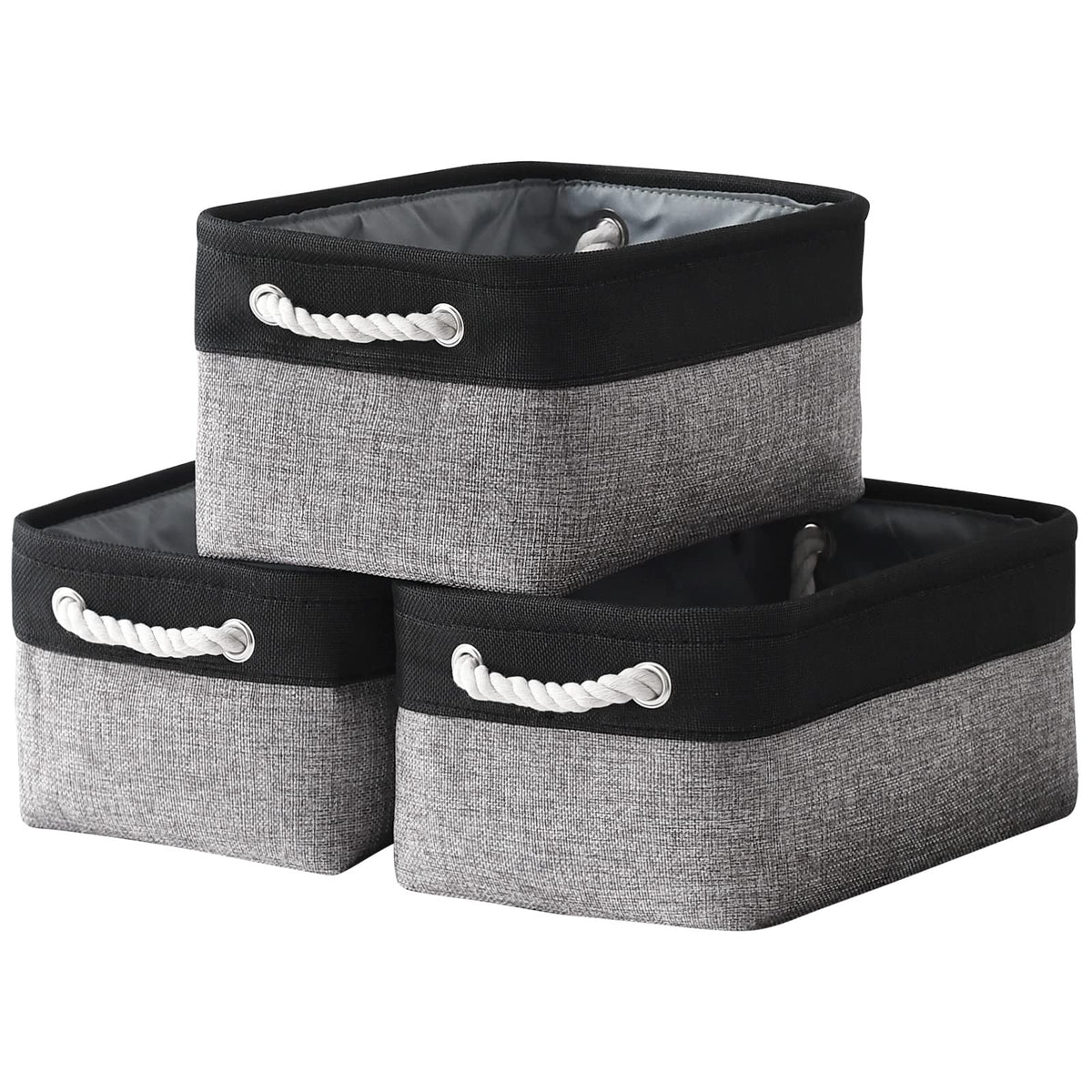 TheWarmHome Storage Basket for Organizing - 14x10x7 inch Medium 3 Pack Collapsible Storage Bin for Shelves with Handles, Canves Storage Box for Organizer Cubes Cloth Gift Toy Closet (White & Khaki)