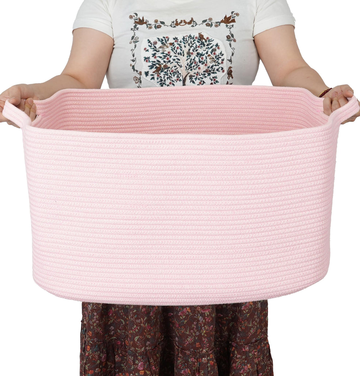 XUANGUO Large Rectangle Woven Cotton Rope Blanket Basket 22"x17"x12" White