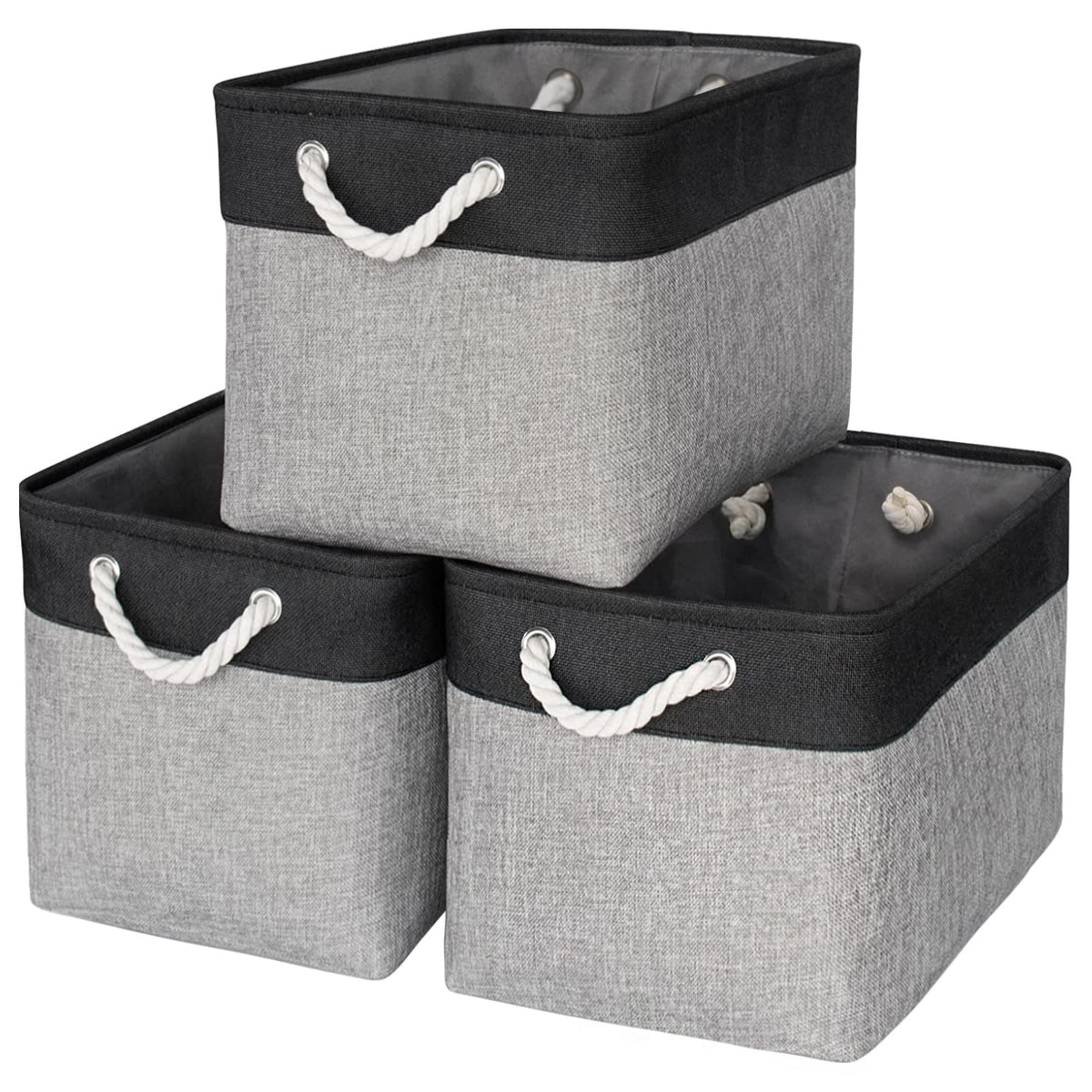 TheWarmHome Storage Basket for Organizing - 14x10x7 inch Medium 3 Pack Collapsible Storage Bin for Shelves with Handles, Canves Storage Box for Organizer Cubes Cloth Gift Toy Closet (White & Khaki)