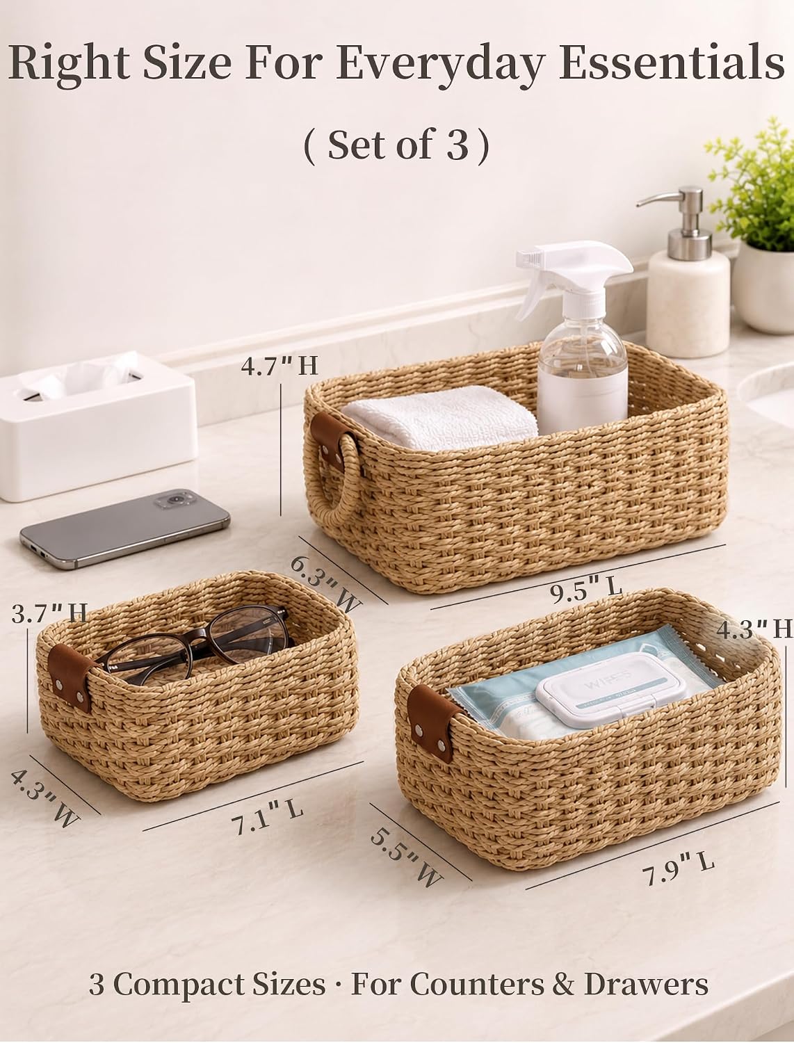 Small Wicker Baskets, 3 PCS Paper Rope Baskets for Shelves, Brown
