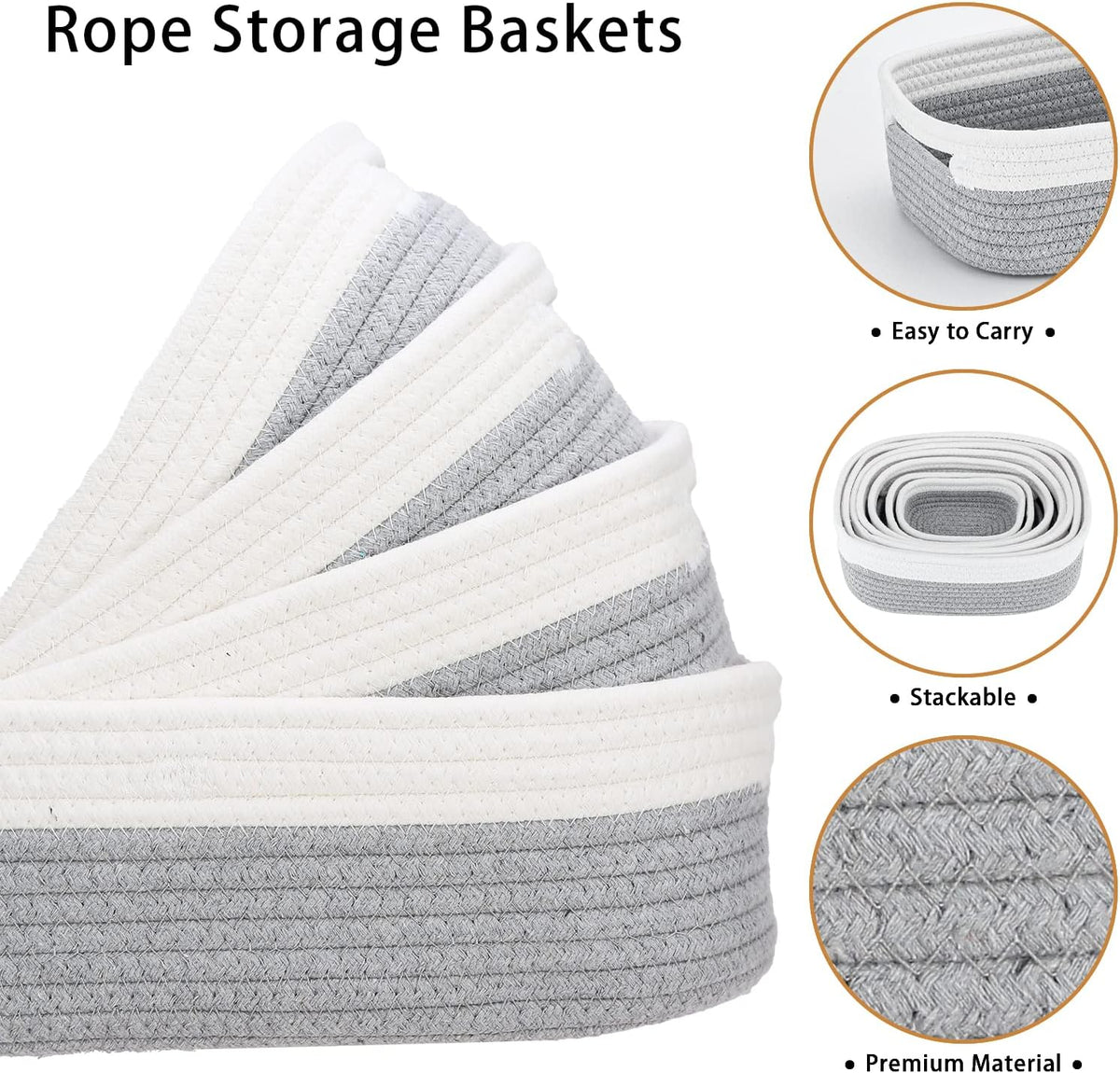 7 Piece Cotton Rope Woven Basket Set - Small Basket for Baby Nursery, Pets, Montessori, Dog & Cat Toy Boxes, Bathroom Organization Bins (White/Gray)