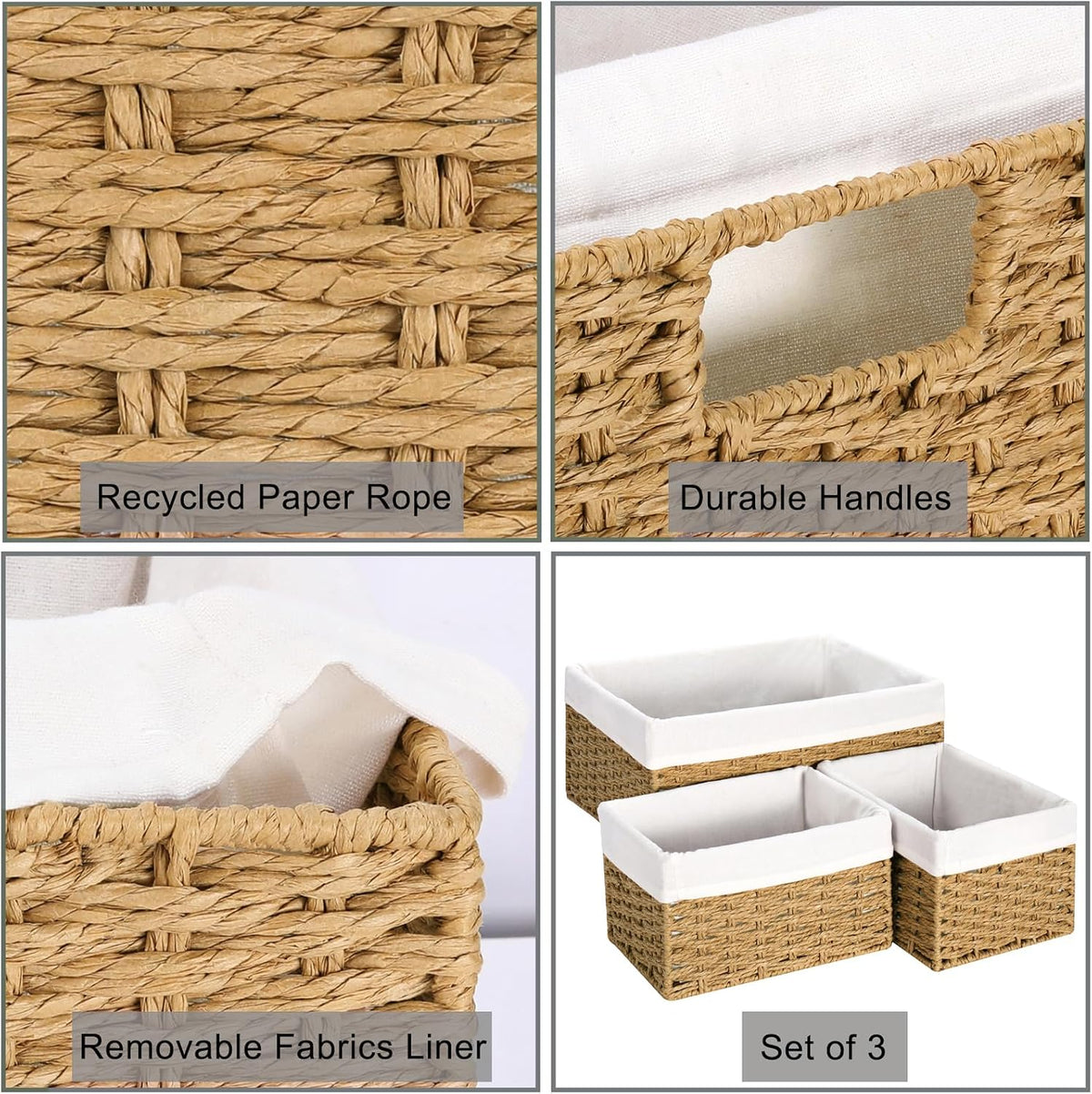 Vagusicc Wicker Storage Basket, 3-Pack Woven Paper Rope Wicker Baskets with Handles, Large Wicker Basket Cube Storage Bins with Liners, Storage Baskets for Organizing Shelves & Decor, Natural