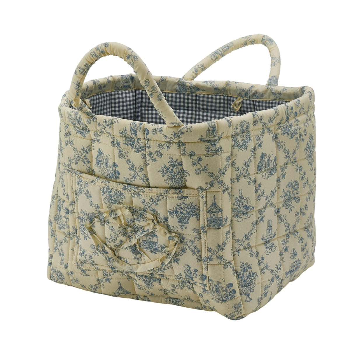Quilted Fabric Storage Basket with Handles & Pocket, Foldable Laundry Hamper Boho Floral Print Organizer Bin for Home, Picnic, Office 12"x10"x10" (B-2)