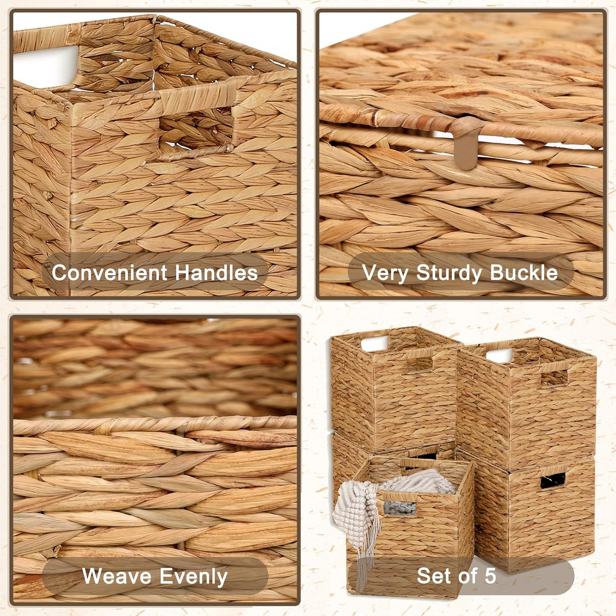 11x11in Wicker Storage Baskets Set of 5 Collapsible Water Hyacinth Basket
