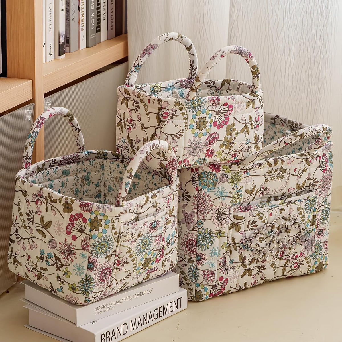 vctops 3 Packs Boho Quilted Storage Basket for Organizing, Floral Basket Organizer Gift Baskets with Handles, Storage Bins for Toys, Books, Towels, and Clothes, Collapsible Fabric(Pattern C)