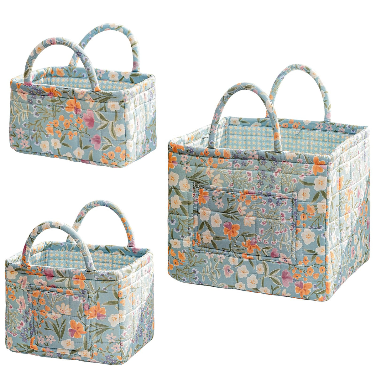 vctops 3 Packs Boho Quilted Storage Basket for Organizing, Floral Basket Organizer Gift Baskets with Handles, Storage Bins for Toys, Books, Towels, and Clothes, Collapsible Fabric(Pattern C)