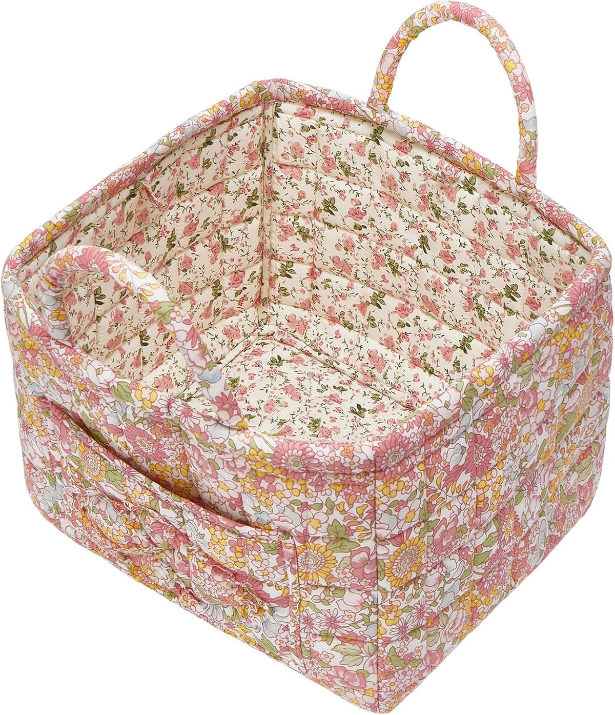 Quilted Fabric Storage Baskets with Handles, Boho Floral Gift Basket Foldable Organizer Bin for Home Decor, Picnic, Travel 12''x10''x10'' (Orange)